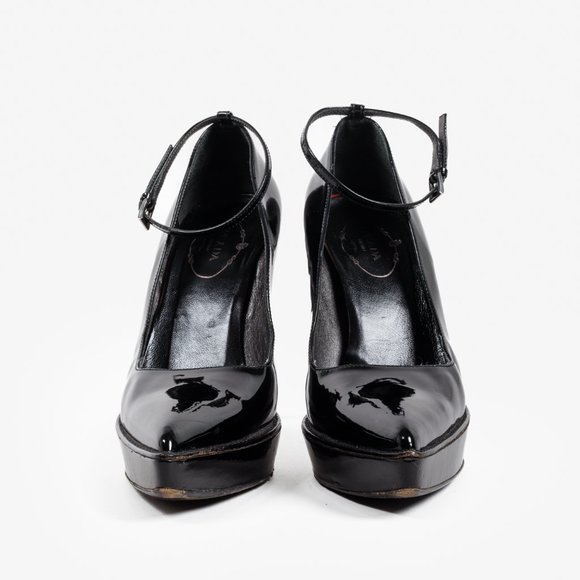 Prada Black Patent Leather Ankle Strap Platform Pumps - Picture 2 of 9